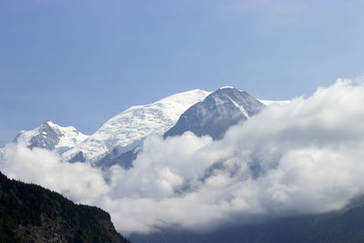 Low angle view of snowcapped mountains against sky