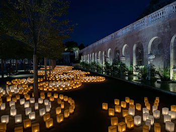 Illuminated temple against sky at night