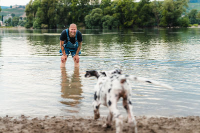 Happy man with beard in casual clothes playing with puppy while standing in lake water in summer