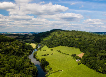 High angle view of trees on field against sky