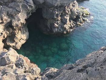 High angle view of rocks in sea