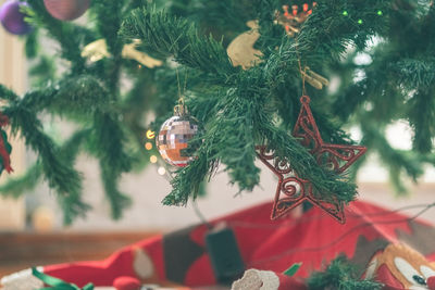 Close-up of christmas decorations hanging on tree