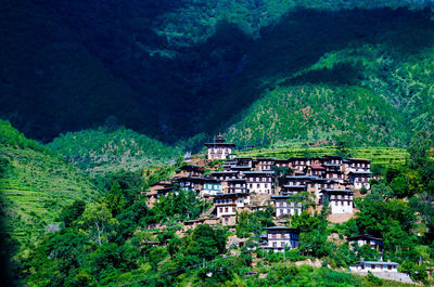 High angle view of buildings in village