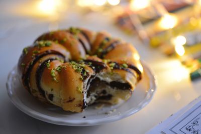 High angle view of dessert in plate on table