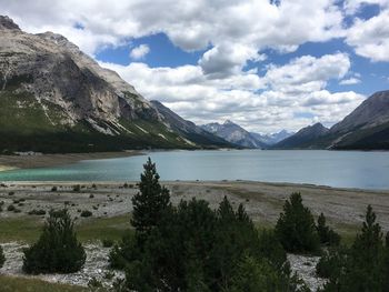 Scenic view of lake and mountains against sky