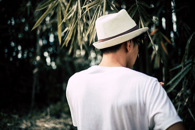 Rear view of man wearing hat against trees