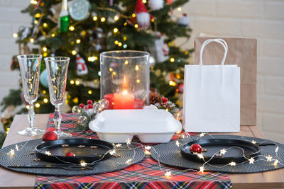 Close-up of christmas decorations on table