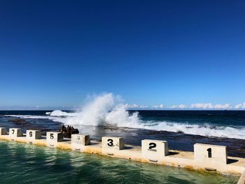 Scenic view of sea against clear blue sky