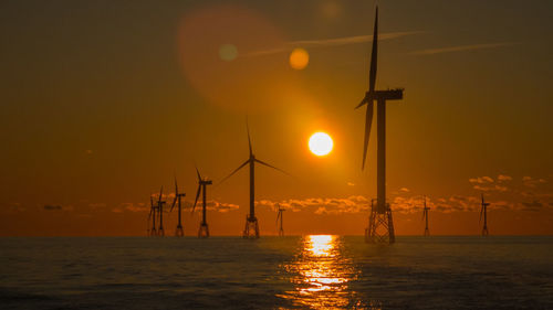 Silhouette cranes by sea against sky during sunset