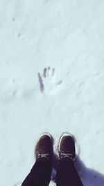 Low section of person standing on snow