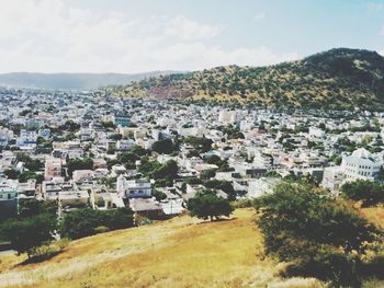 High angle view of townscape against sky