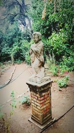 Statue on plants against sky