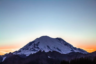 Scenic view of snowcapped mountains against sky during sunset