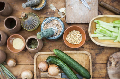 High angle view of various ingredients on table