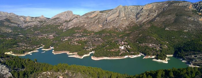 Panoramic view of lake and mountains against sky