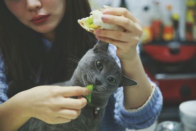 Close-up of woman touching dog