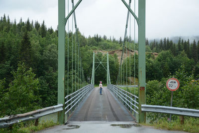 Full length of woman standing on bridge at forest