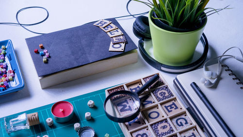 High angle view of various objects on table