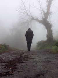 Rear view of man walking on snow covered landscape in foggy weather