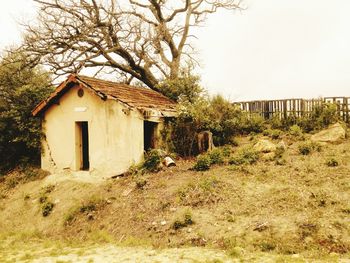 House by trees against clear sky
