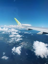 Aerial view of airplane flying in sky