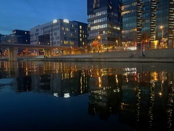 Reflection of illuminated buildings in lake at night