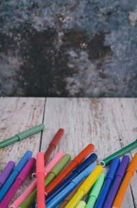 High angle view of multi colored pencils on table