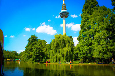 Reflection of trees in lake against sky in park