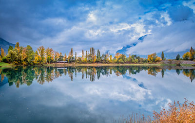 Reflection of trees on lake against sky