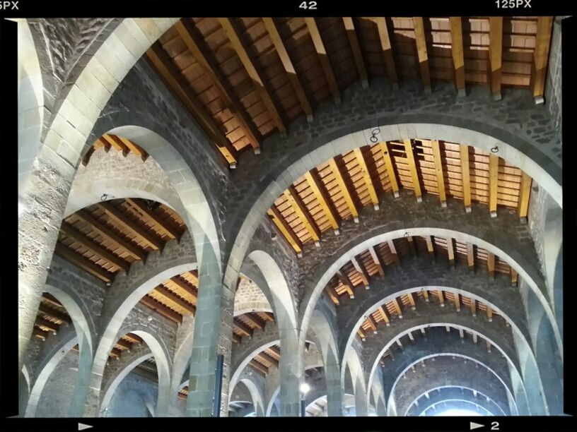 arch, architecture, built structure, indoors, low angle view, ceiling, pattern, repetition, architectural feature, transfer print, in a row, architectural column, design, building exterior, history, ornate, no people, building, window, interior