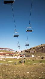 Overhead cable car on field against clear blue sky