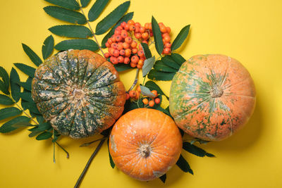 Close-up of pumpkins against orange background