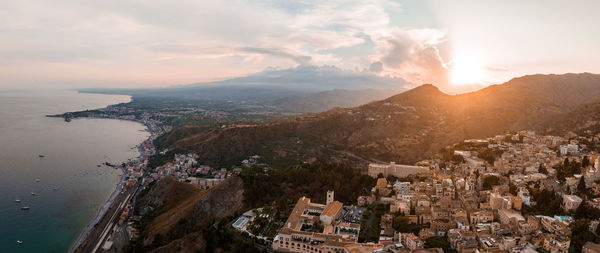 Panoramic aerial view of isola bella island and beach in taormina.