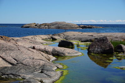 Scenic view of sea against clear blue sky