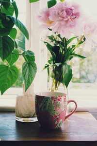 Close-up of potted plants on table against window