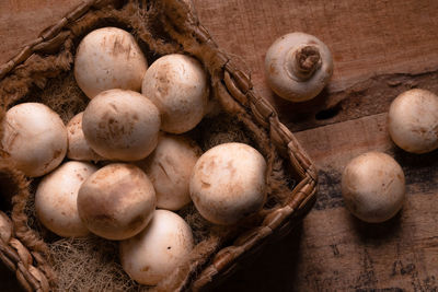 High angle view of eggs in basket