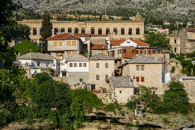 High angle view of houses in city