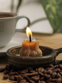 Close-up of burning candles on table