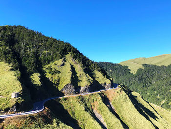 Scenic view of mountains against clear blue sky