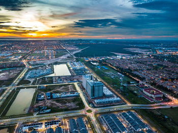 High angle view of cityscape during sunset