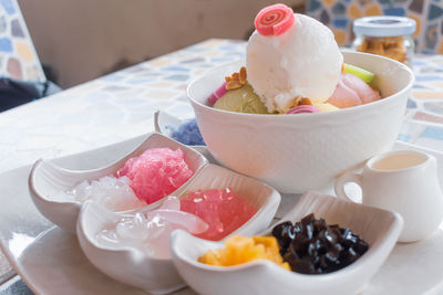 Close-up of ice cream in bowl on table