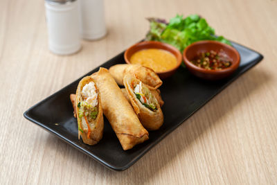 High angle view of food in plate on table