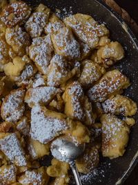 High angle view of food in cooking pan