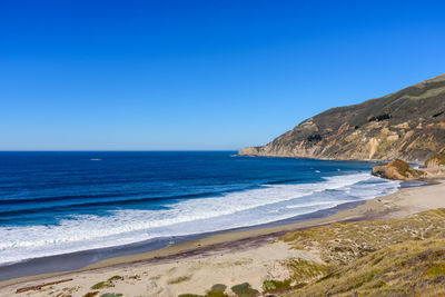 Scenic view of sea against clear blue sky