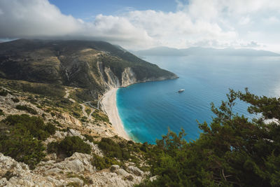 High angle view of bay against sky