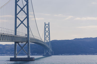 View of suspension bridge against cloudy sky