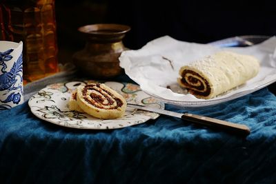 Close-up of breakfast served on table