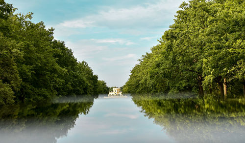 Reflection of trees in lake against sky