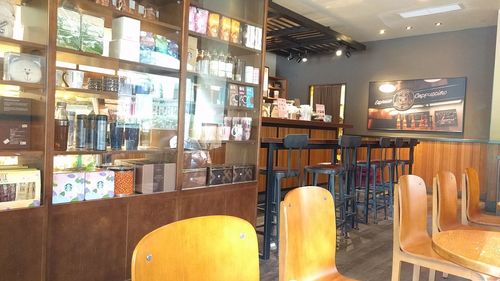 Empty chairs and tables in restaurant