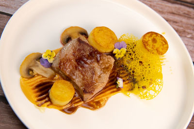 High angle view of food in plate on table